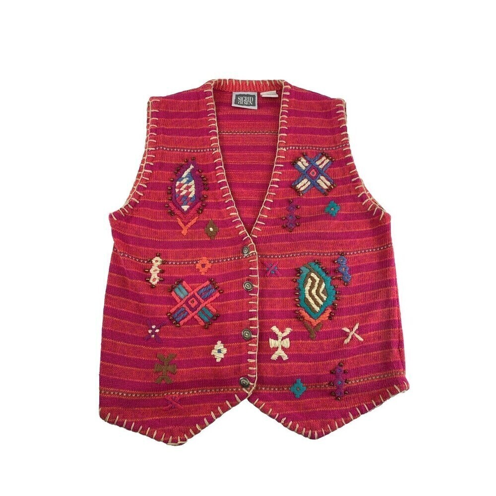 BOGO Sigrid Olsen Pink Sweater Vest Button Embroidered Beaded Vintage Ramie Larg